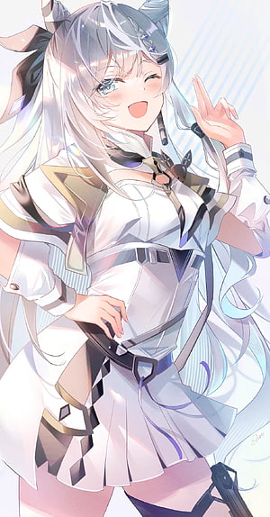 Vestia Zeta Anime Character in White Tactical Outfit with Silver Hair and Peace Sign HD phone wallpaper