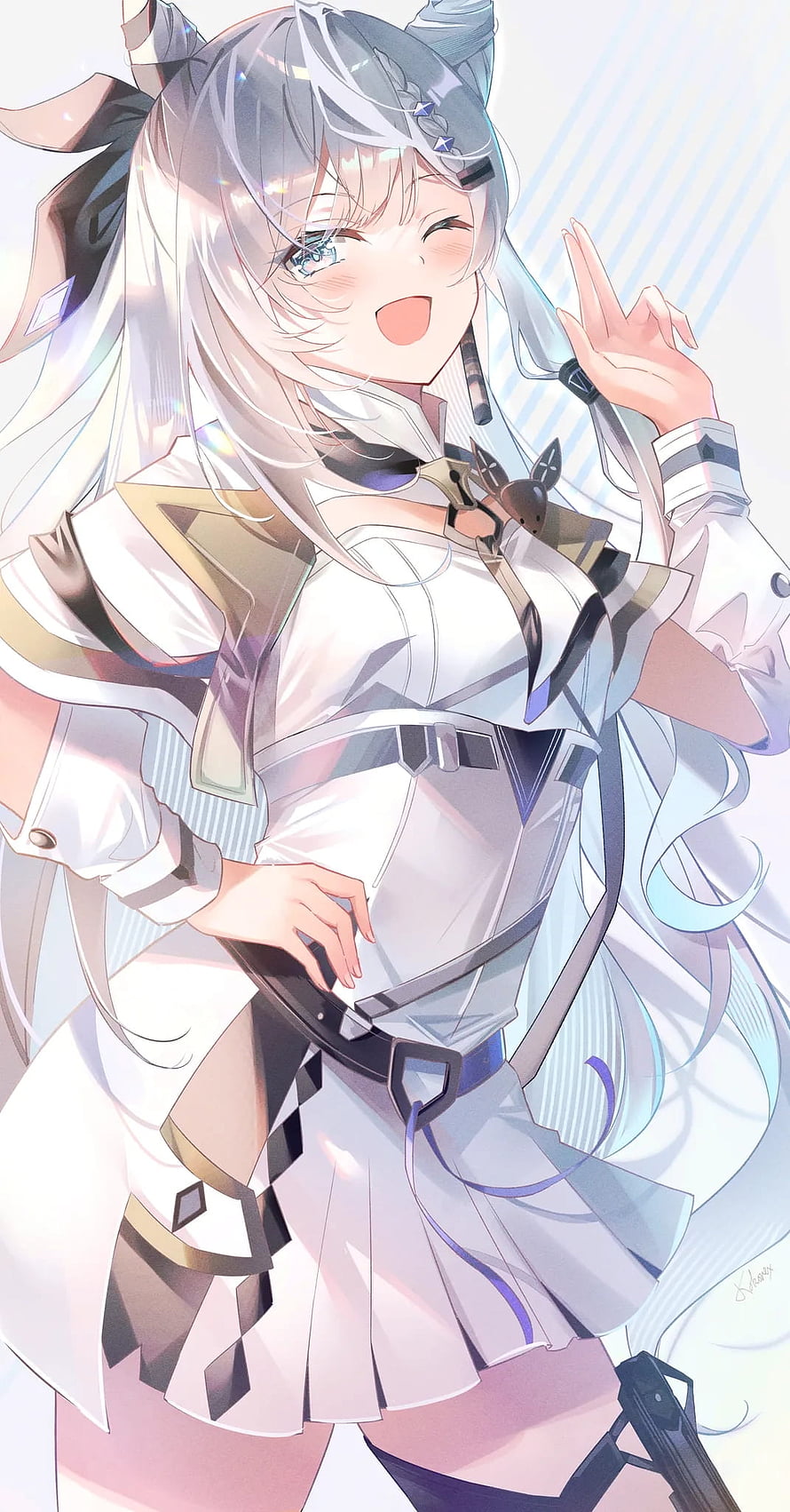 Vestia Zeta Anime Character in White Tactical Outfit with Silver Hair and Peace Sign HD phone wallpaper