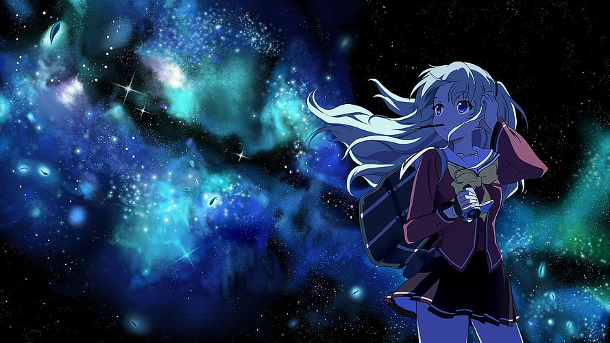 Tomori Nao from Charlotte anime standing before a vibrant cosmic nebula and starfield HD wallpaper
