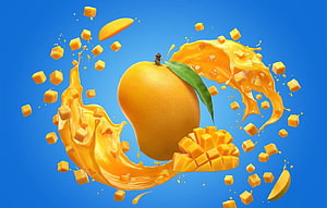 Vibrant Mango Fruit with Dynamic Juice Splash and Cubes on Blue Background HD wallpaper