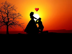 Romantic Couple Silhouette Proposing at Sunset with Floating Heart HD wallpaper