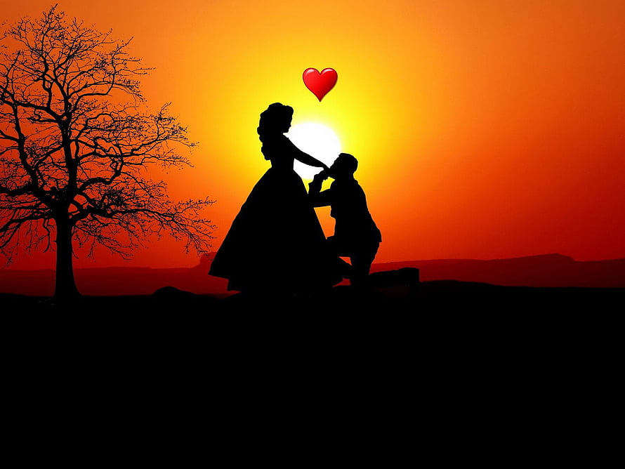 Romantic Couple Silhouette Proposing at Sunset with Floating Heart HD wallpaper