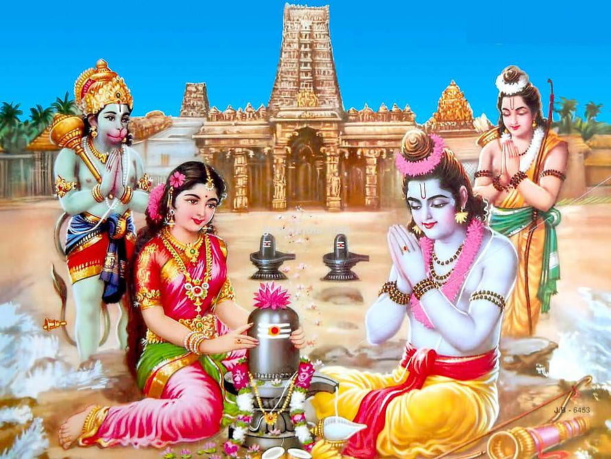 Ram Sita Hanuman and Lakshman Performing Worship at a Temple HD wallpaper