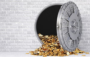 Open bank vault door with pile of gold coins spilling out against white brick wall HD wallpaper