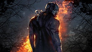 Dead By Daylight Trapper Character Standing in Fire and Smoke HD wallpaper