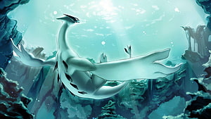 Lugia Soaring Through Underwater Caverns in Ethereal Blue Light HD wallpaper