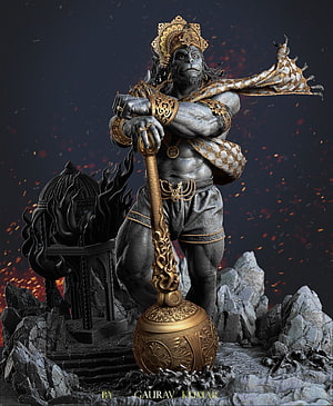 Hanuman Bodybuilder Sculpture with Golden Mace and Ornate Crown, ArtStation, hanuman bodybuilder HD phone wallpaper