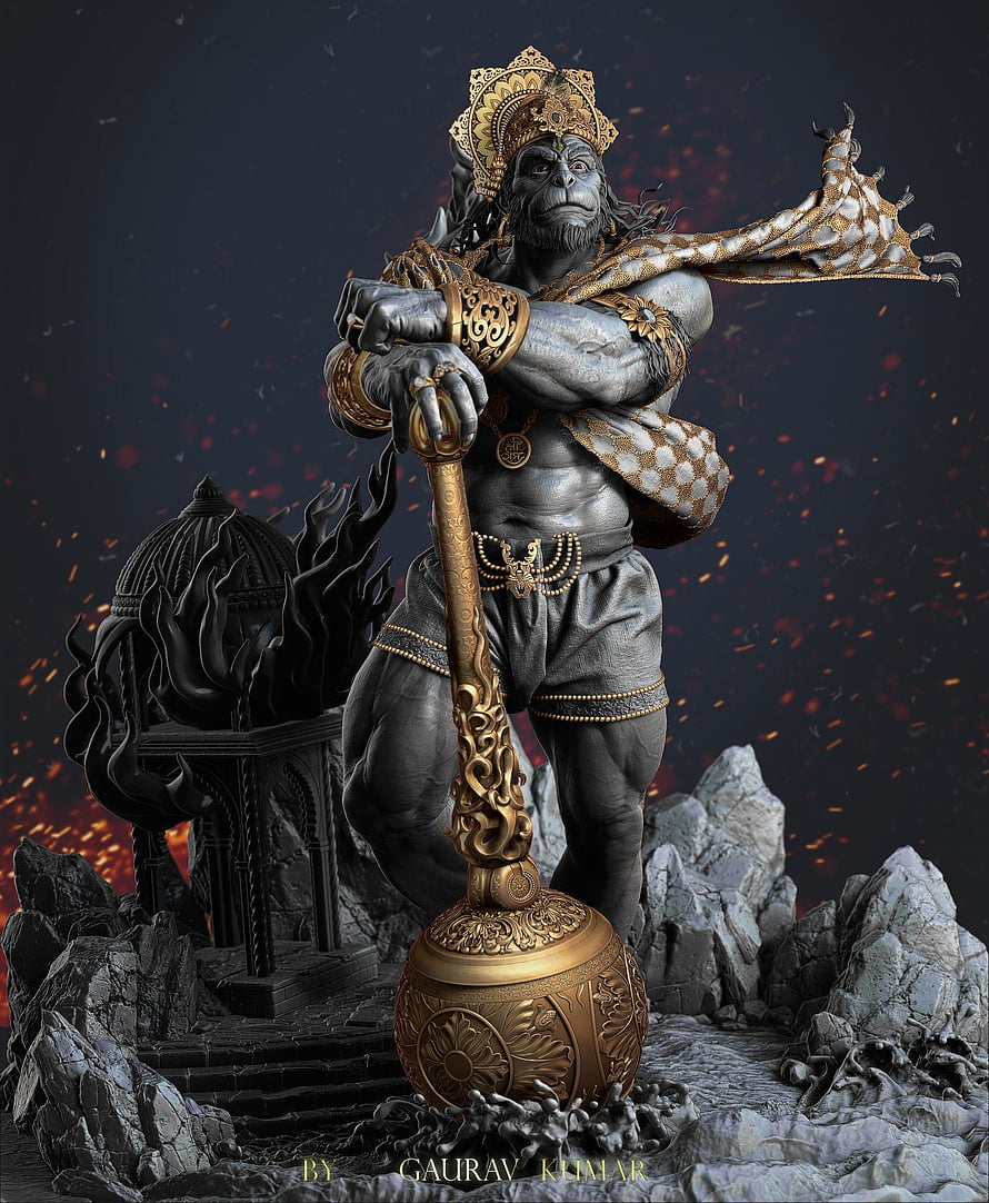 Hanuman Bodybuilder Sculpture with Golden Mace and Ornate Crown HD phone wallpaper