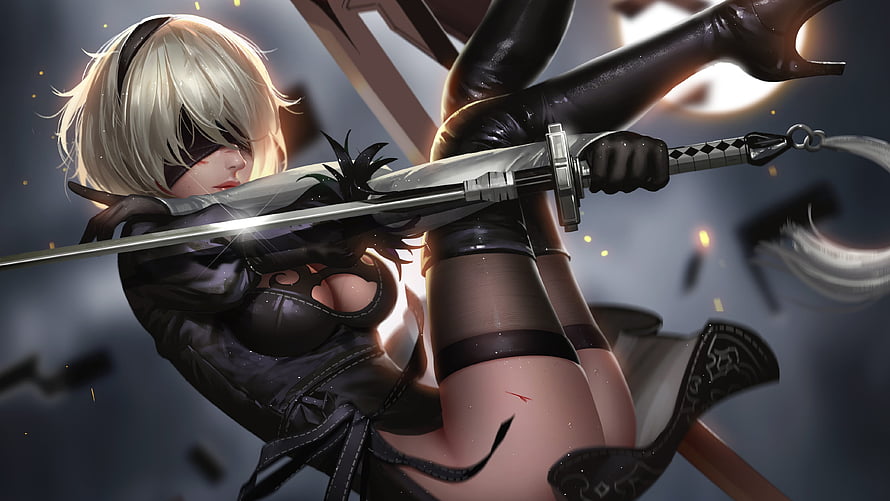 YoRHa 2B wielding a katana in dynamic combat pose from NieR: Automata HD wallpaper