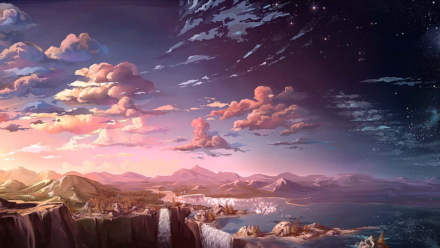 Dreamy Pink Mountain Landscape with Waterfall and Starry Night Sky Digital Art HD wallpaper