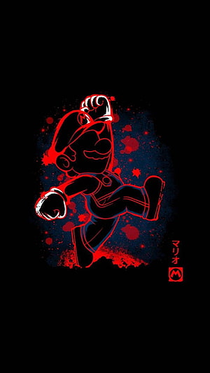 Dark Mario Running Silhouette with Red Neon Outline and Splatter Effects HD phone wallpaper