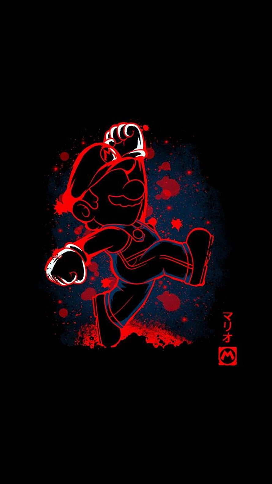 Dark Mario Running Silhouette with Red Neon Outline and Splatter Effects HD phone wallpaper
