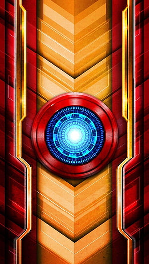 Iron Man Arc Reactor with Glowing Blue Core and Red Gold Futuristic Panel Design HD phone wallpaper