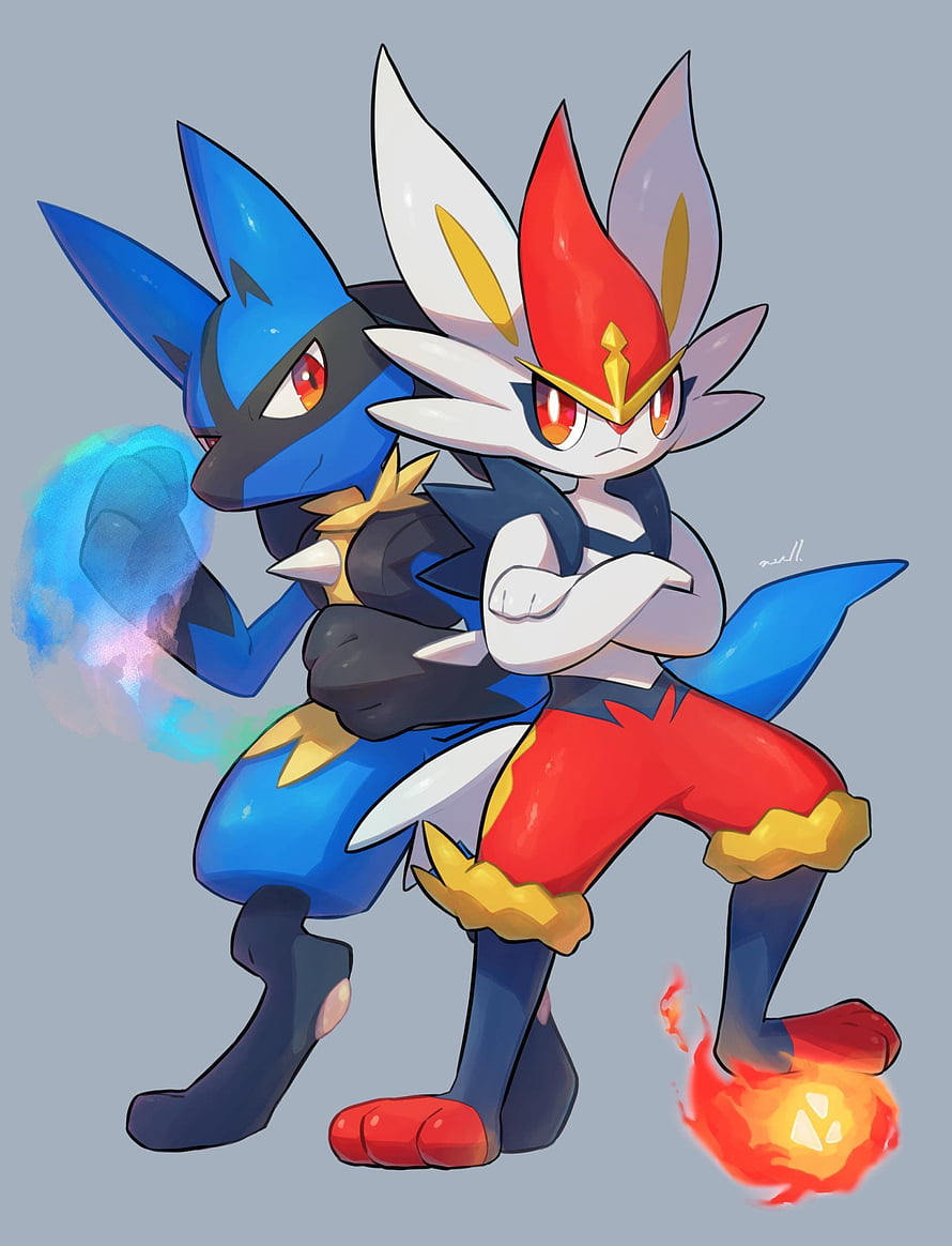 Lucario and Cinderace Fighting Together in Dynamic Anime Style HD phone wallpaper