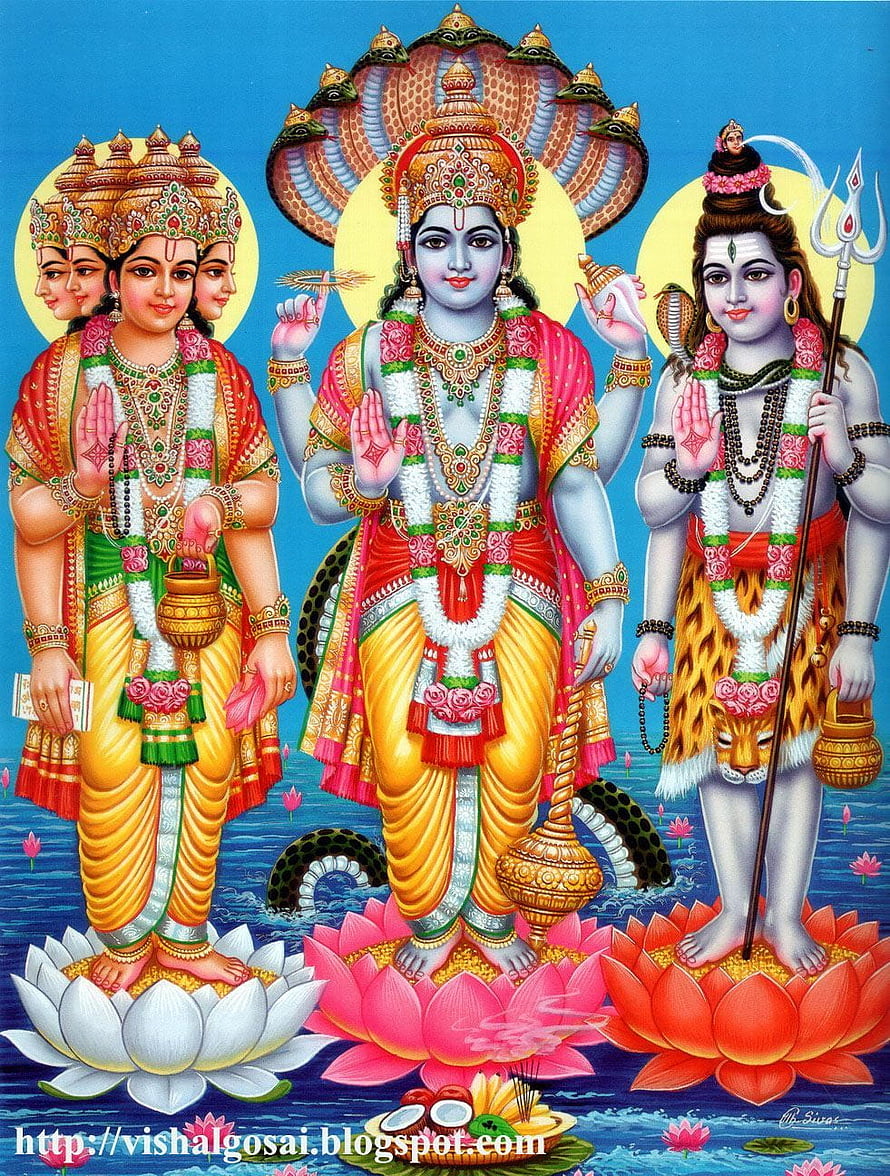 Hindu Trinity Brahma Vishnu Shiva Standing on Lotus Flowers HD phone wallpaper