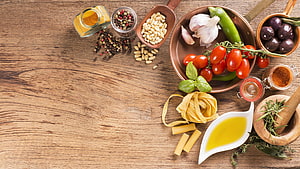 Italian Pasta Ingredients Flat Lay on Rustic Wooden Table with Fresh Herbs and Spices HD wallpaper