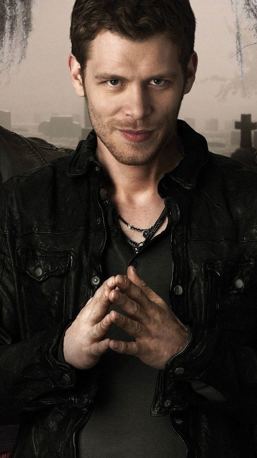 Klaus Mikaelson in Black Leather Jacket with Cemetery Backdrop HD phone wallpaper