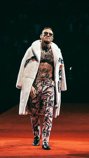 Conor McGregor in Gucci Floral Suit and White Fur Coat on Runway HD phone wallpaper