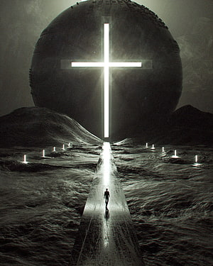Lone Figure Walking Toward Glowing Cross on Massive Sphere in Dark Landscape HD phone wallpaper