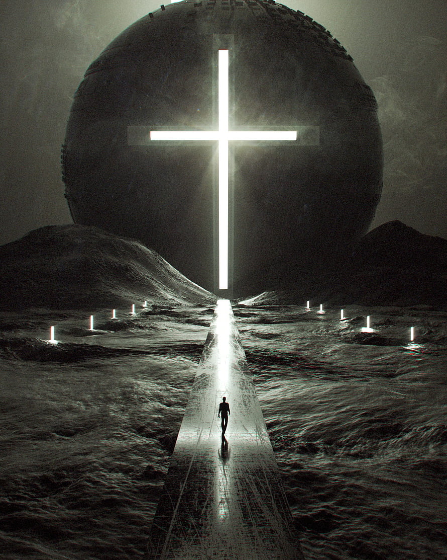 Lone Figure Walking Toward Glowing Cross on Massive Sphere in Dark Landscape HD phone wallpaper