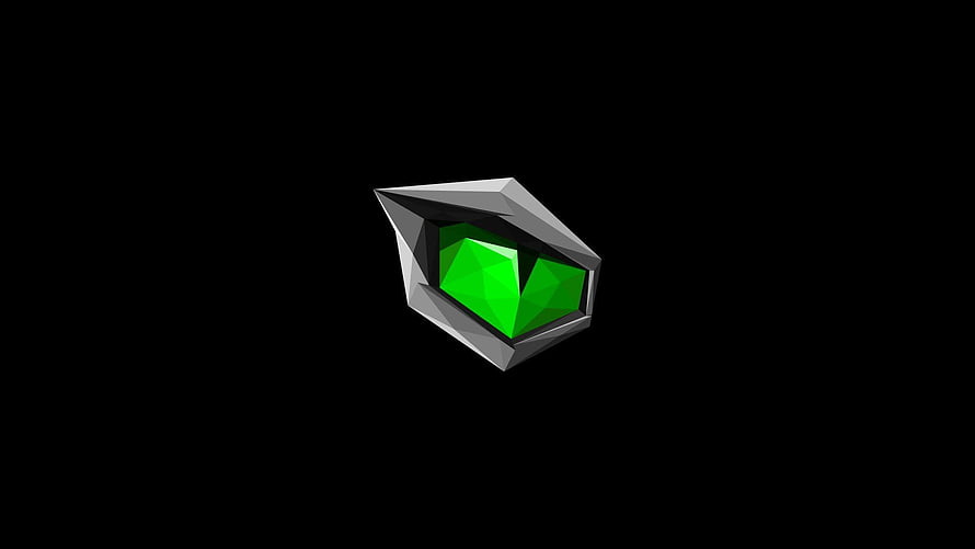 Low Poly Green Crystal Gemstone with Metallic Frame on Black Background HD wallpaper