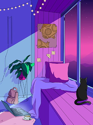 Cozy Lofi Bedroom Interior with Black Cat and Night Sky View HD phone wallpaper