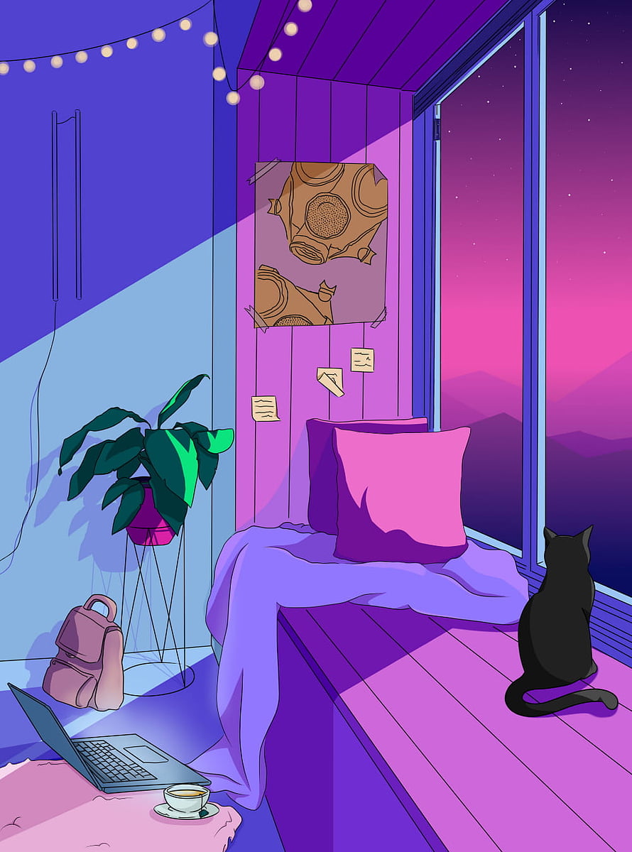 Cozy Lofi Bedroom Interior with Black Cat and Night Sky View HD phone wallpaper