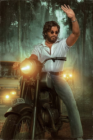 Pushpa Raj on vintage motorcycle in forest with raised hand and round sunglasses HD phone wallpaper