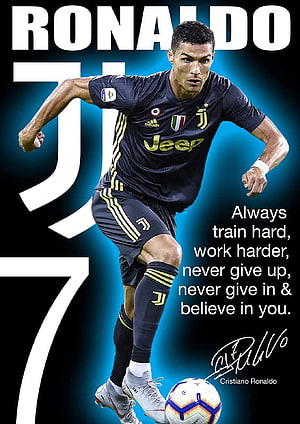 Cristiano Ronaldo Juventus Action Shot with Motivational Quote and Signature HD phone wallpaper