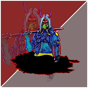 Stylized Anime Character with Katana and Demon Mask in Vibrant Blue Jacket HD phone wallpaper