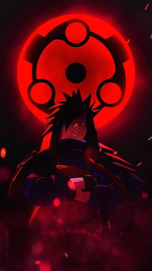 Madara Uchiha Anime Character with Sharingan Eye and Red Uchiha Clan Symbol HD phone wallpaper