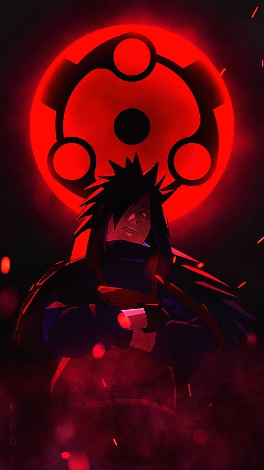 Madara Uchiha Anime Character with Sharingan Eye and Red Uchiha Clan Symbol HD phone wallpaper