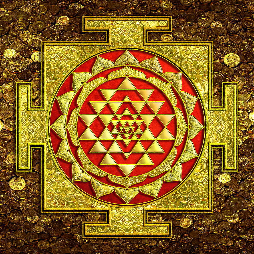 Golden Sri Lakshmi Yantra Sacred Geometry on Red Background with Gold Coins HD phone wallpaper