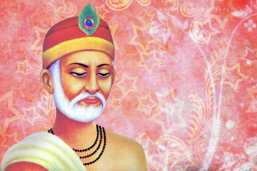 Kabir Das Portrait with Turban and Beads on Ornate Pink Background HD wallpaper
