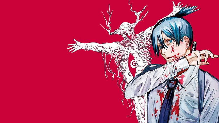 Chainsaw Man Anime Illustration with Blue-Haired Character and White Demon Figure on Red Background HD wallpaper