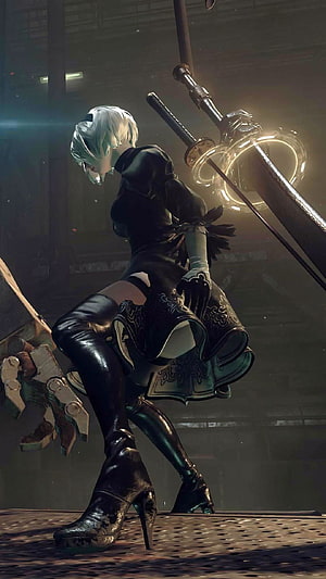 2B from NieR: Automata in a dramatic combat pose with glowing katana and high-heeled boots HD phone wallpaper
