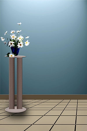 Minimalist Studio Scene with White Daisies in a Blue Vase on a Pedestal HD phone wallpaper