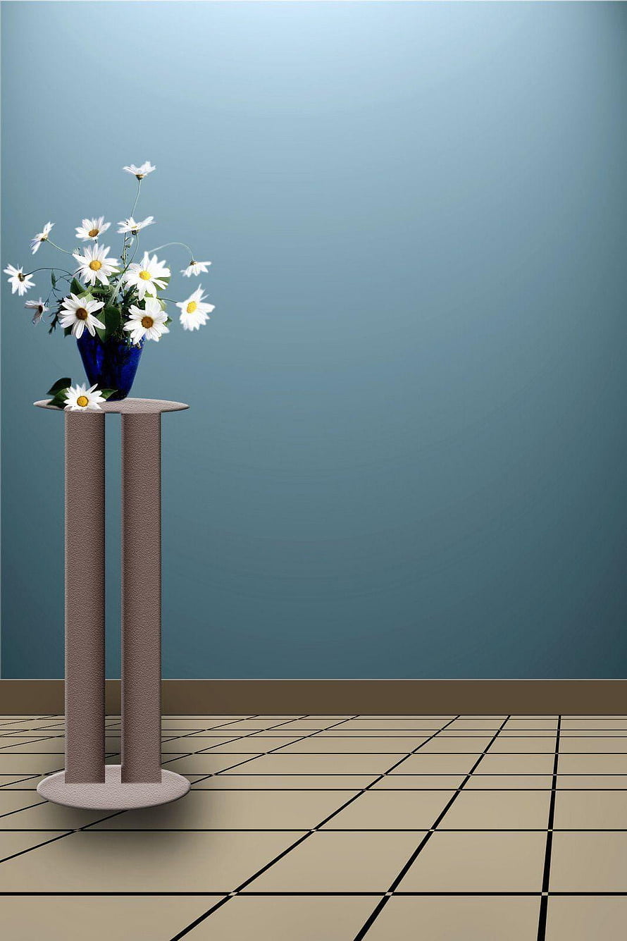 Minimalist Studio Scene with White Daisies in a Blue Vase on a Pedestal HD phone wallpaper