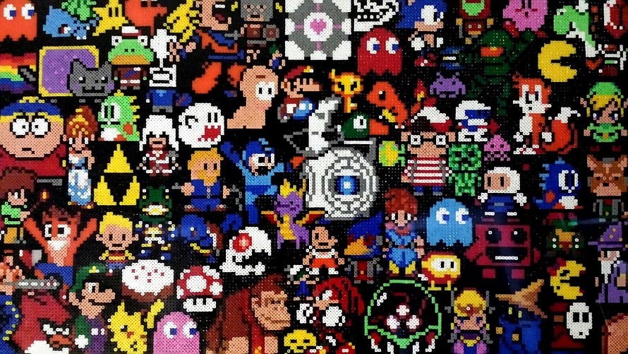 Retro Pixel Art Mosaic Featuring Classic Video Game Characters and Icons HD wallpaper