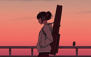 Anime Girl Musician Carrying Guitar Case at Sunset on a Bridge HD wallpaper