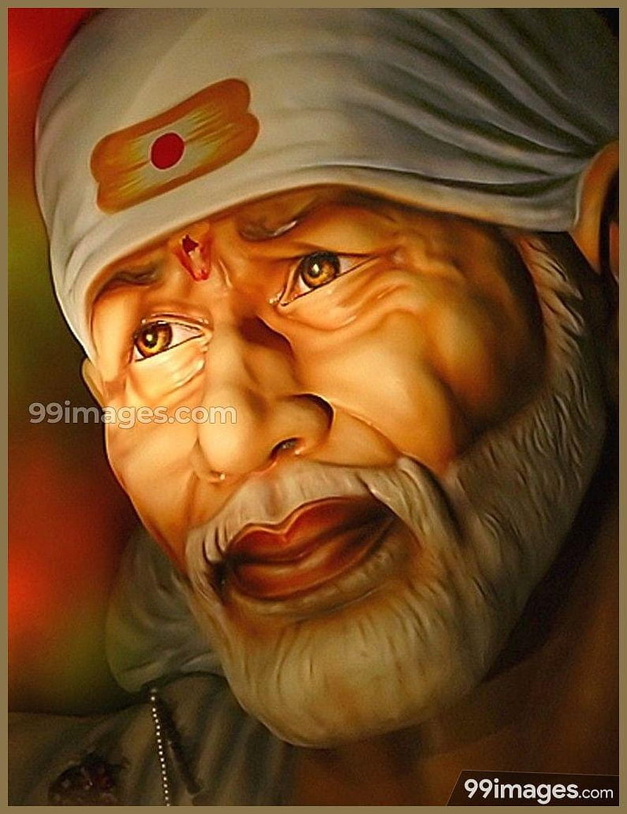 Sai Baba Portrait Painting with White Turban and Sacred Mark HD phone wallpaper
