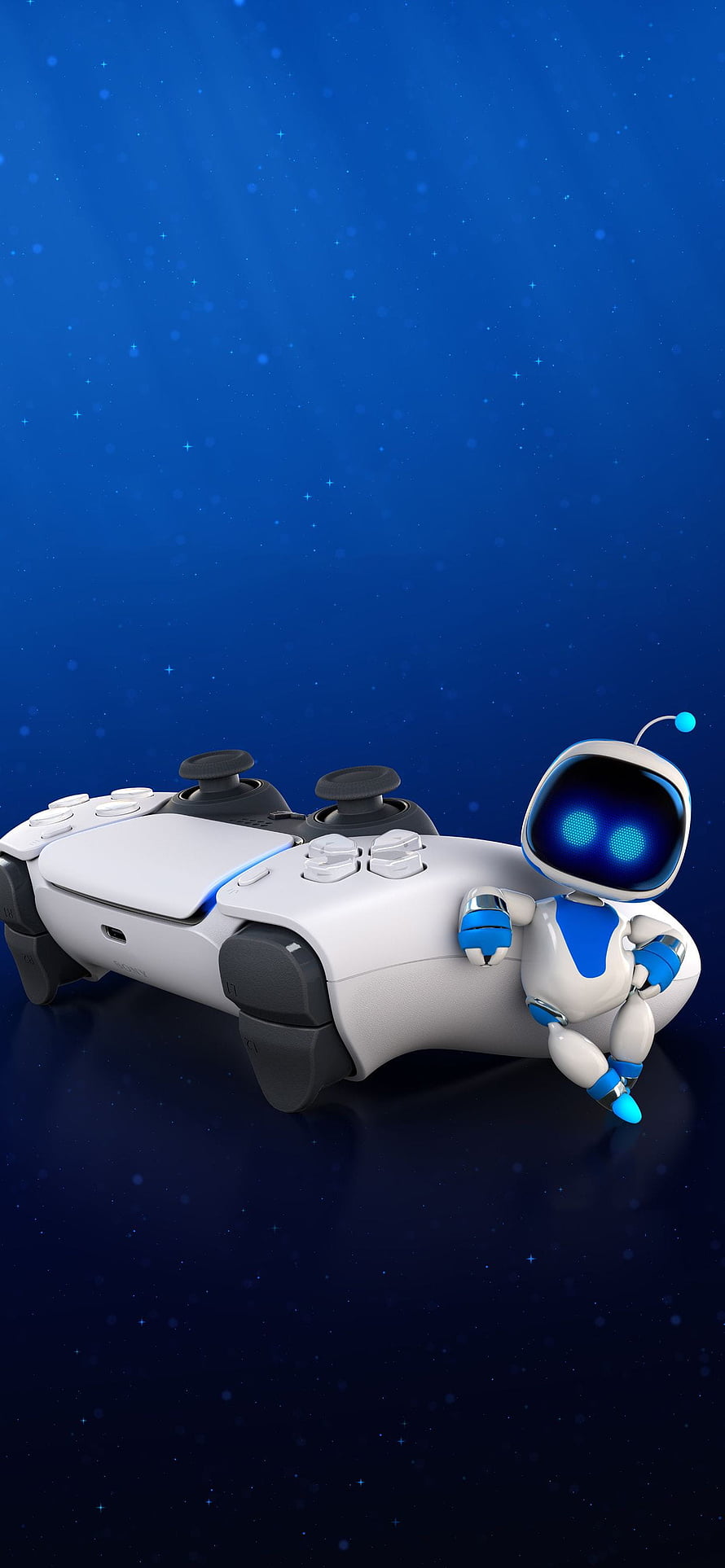 Astros Playroom PS5 Controller with Cute Robot Character on Deep Blue Starry Background HD phone wallpaper