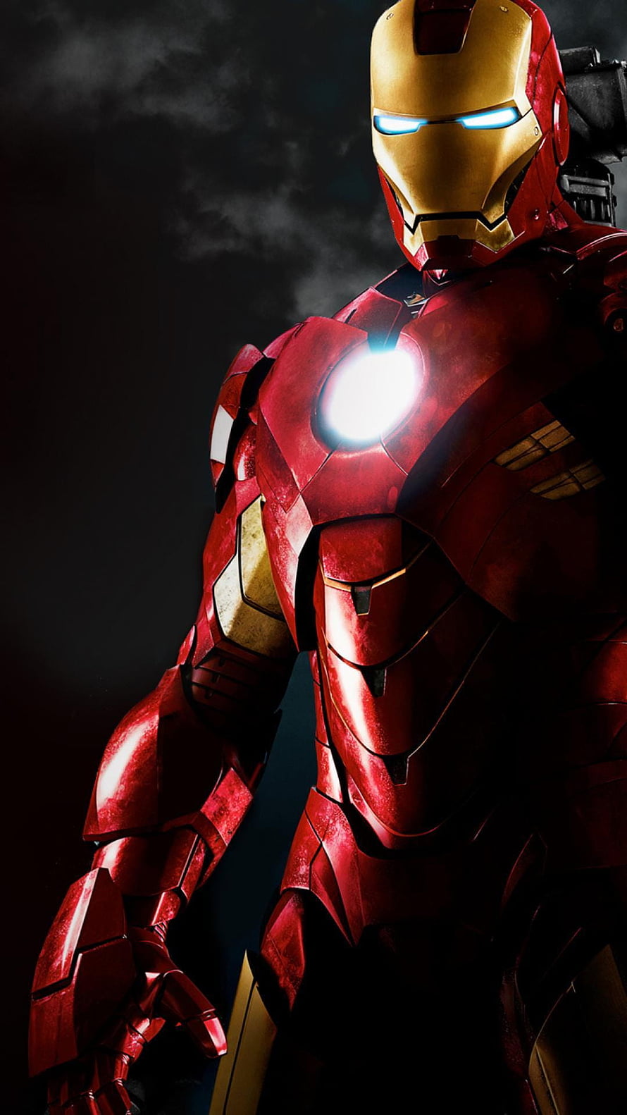 Iron Man Mark VII Armor Close-Up with Glowing Arc Reactor and Blue Eyes HD phone wallpaper