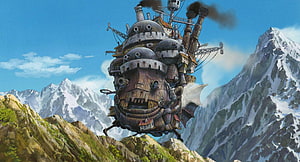 Howl's Moving Castle Stepping Through Snow-Capped Mountain Passes in Studio Ghibli Animation HD wallpaper