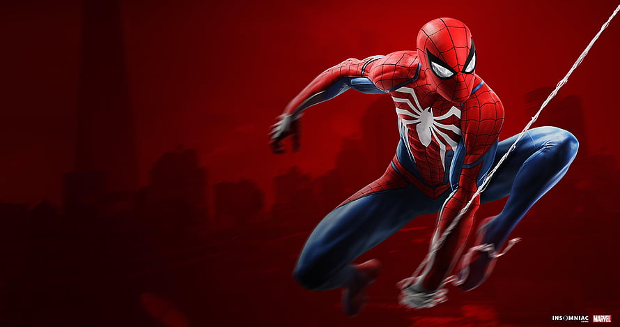 Spider-Man in Dynamic Web-Swinging Pose Against Red City Skyline HD wallpaper