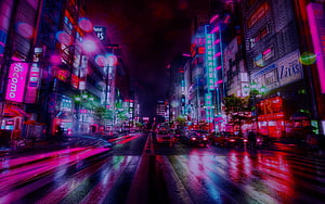 Neon-lit Tokyo street at night with vibrant cyberpunk aesthetic and wet reflective pavement HD wallpaper
