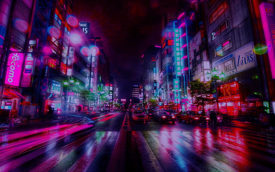 Neon-lit Tokyo street at night with vibrant cyberpunk aesthetic and wet reflective pavement HD wallpaper