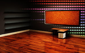 Modern Office Interior With Retro Arcade Wall Art And Warm Wood Flooring HD wallpaper