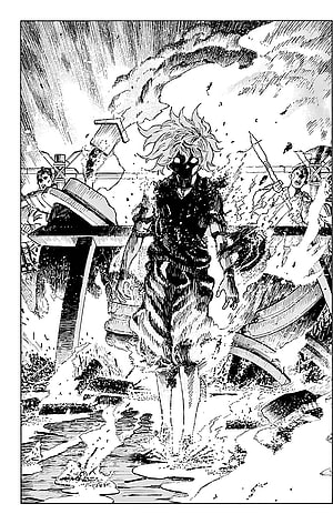 Jigokuraku manga panel featuring a masked figure emerging from a chaotic battlefield with debris and soldiers HD phone wallpaper
