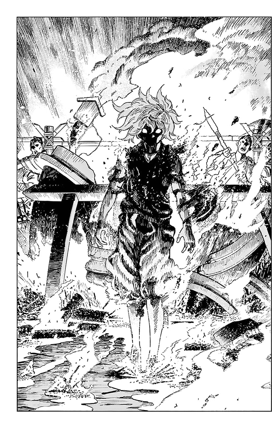 Jigokuraku manga panel featuring a masked figure emerging from a chaotic battlefield with debris and soldiers HD phone wallpaper